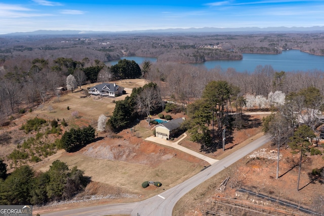 bird's eye view featuring a water view and a view of trees