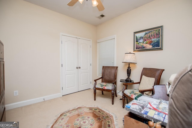 348 N Ridge Ln, Temple, GA 30179 - sitting room featuring carpet floors, a ceiling fan, visible vents, and baseboards