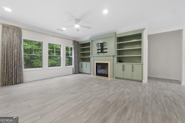 1439 Mill Pointe Ct, Lawrenceville, GA 30043 - unfurnished living room featuring ceiling fan, a fireplace with flush hearth, light wood-type flooring, recessed lighting, and ornamental molding