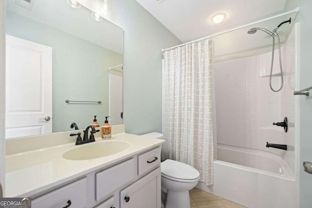 full bath with shower / bathtub combination with curtain, toilet, vanity, and tile patterned flooring