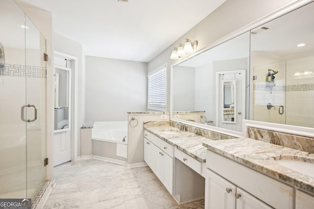 full bath with vanity, visible vents, marble finish floor, and a stall shower