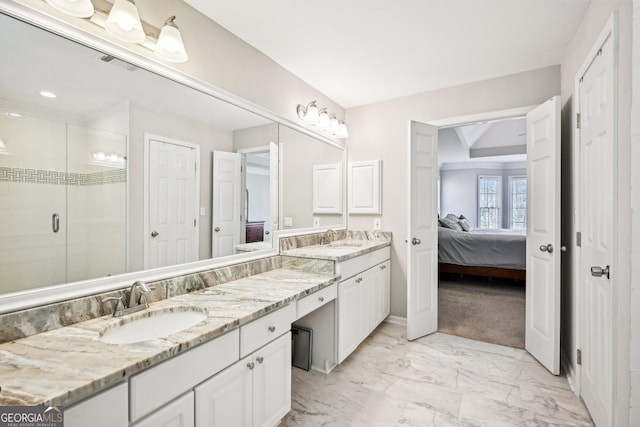 full bath featuring visible vents, vanity, a stall shower, marble finish floor, and ensuite bath