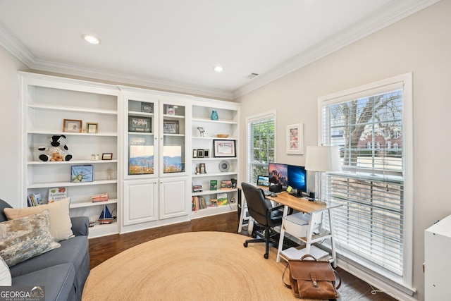 office with recessed lighting, visible vents, dark wood finished floors, and ornamental molding