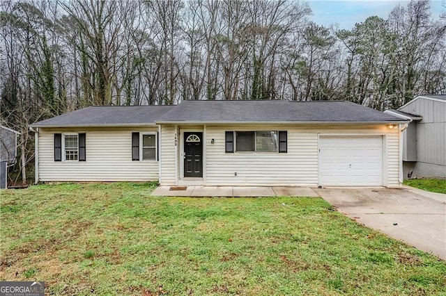 ranch-style house with a front lawn, concrete driveway, and an attached garage