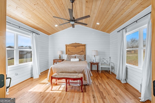 bedroom with a ceiling fan, wood finished floors, recessed lighting, wooden ceiling, and lofted ceiling