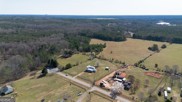 bird's eye view featuring a forest view and a rural view