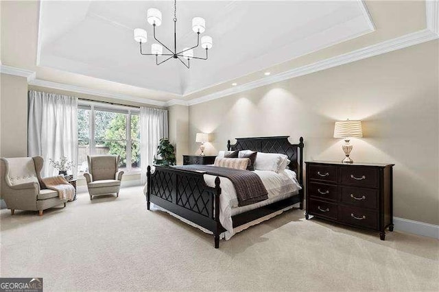 bedroom featuring crown molding, baseboards, light colored carpet, a tray ceiling, and a notable chandelier