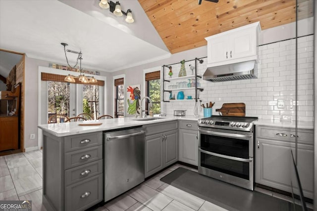 kitchen with gray cabinets, a sink, appliances with stainless steel finishes, a peninsula, and extractor fan