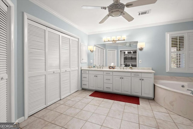 bathroom with a ceiling fan, visible vents, a closet, and ornamental molding