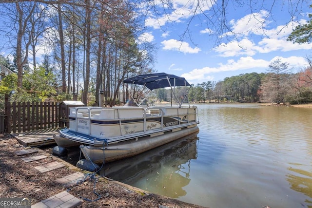 view of dock with fence and a water view