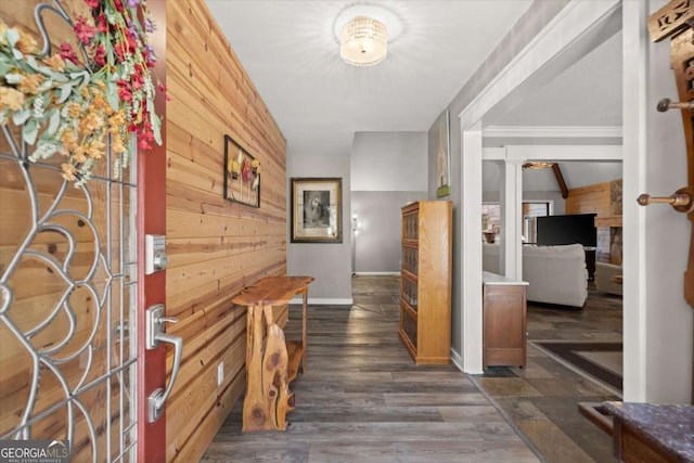 entryway with dark wood-style floors, baseboards, and wood walls