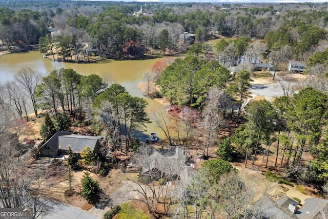 birds eye view of property with a wooded view and a water view