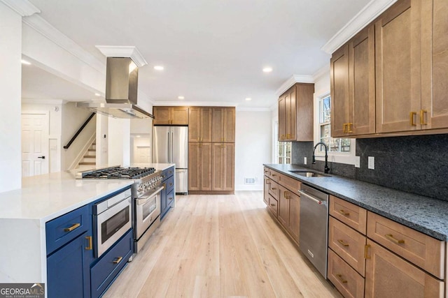 kitchen with light wood finished floors, island exhaust hood, a sink, stainless steel appliances, and tasteful backsplash