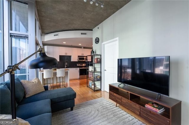 living area with light wood-style flooring and visible vents