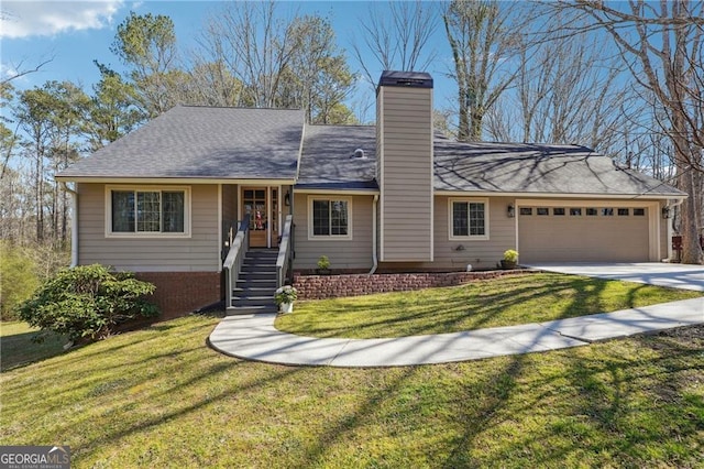 ranch-style house with an attached garage, a chimney, driveway, and a front lawn