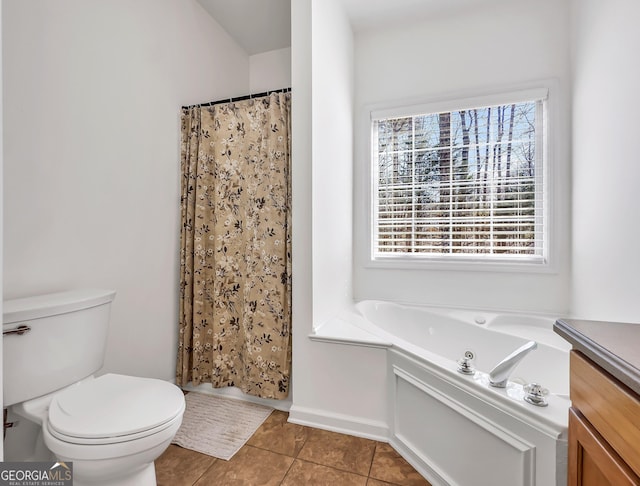 bathroom with tile patterned floors, toilet, curtained shower, a bath, and vanity