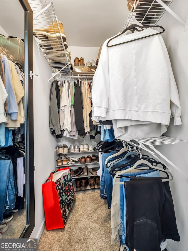 walk in closet with carpet flooring