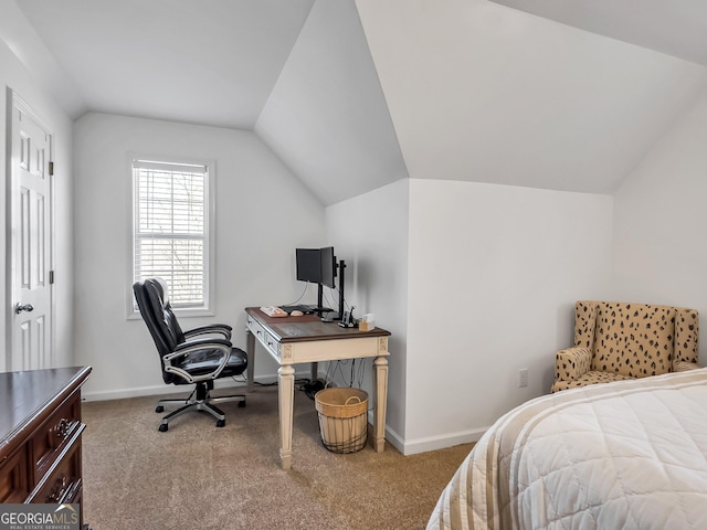 bedroom featuring lofted ceiling, carpet flooring, and baseboards