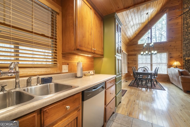 kitchen with a sink, wooden walls, light countertops, dishwashing machine, and a chandelier