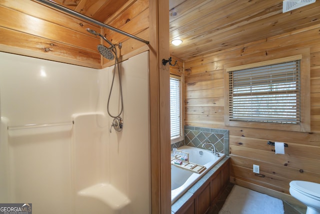 full bath featuring wooden walls, toilet, a shower, and a garden tub