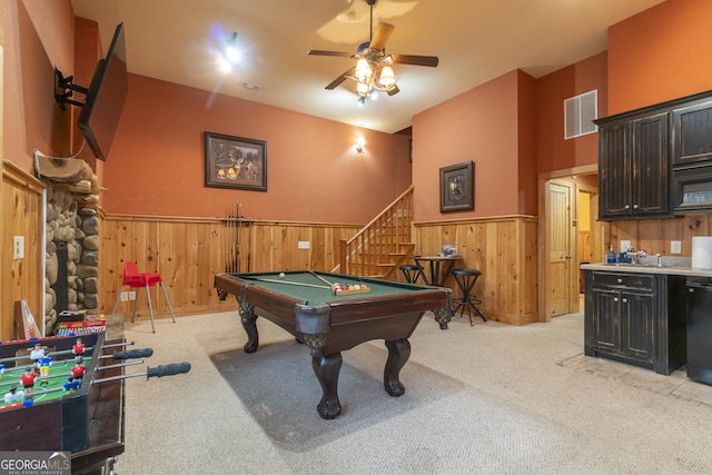 game room featuring a wainscoted wall, light colored carpet, billiards, and wooden walls