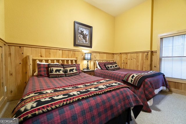 carpeted bedroom with a wainscoted wall and wood walls