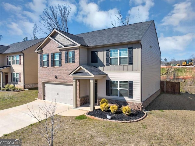 craftsman inspired home featuring fence, board and batten siding, concrete driveway, an attached garage, and brick siding