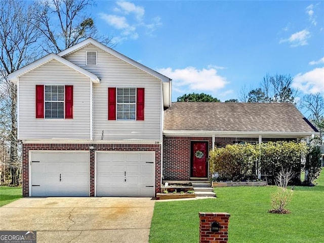 view of front of home with a front lawn, concrete driveway, an attached garage, a shingled roof, and brick siding