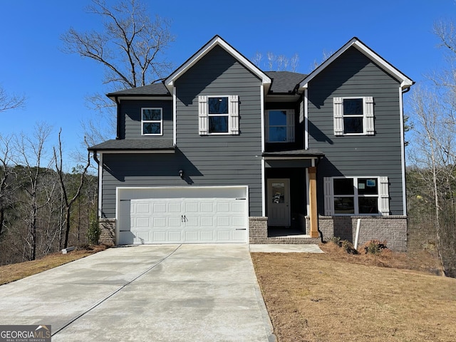 traditional-style house with an attached garage, brick siding, driveway, and a shingled roof