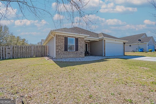 ranch-style house featuring a front yard, fence, an attached garage, concrete driveway, and brick siding