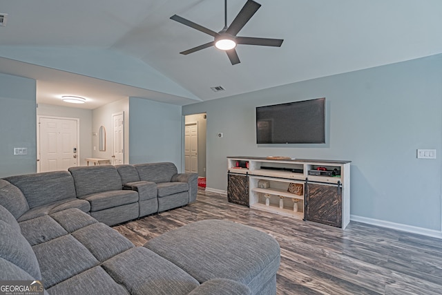 living room with wood finished floors, baseboards, visible vents, lofted ceiling, and ceiling fan