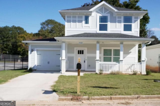 view of front facade featuring fence, driveway, a porch, an attached garage, and a front lawn