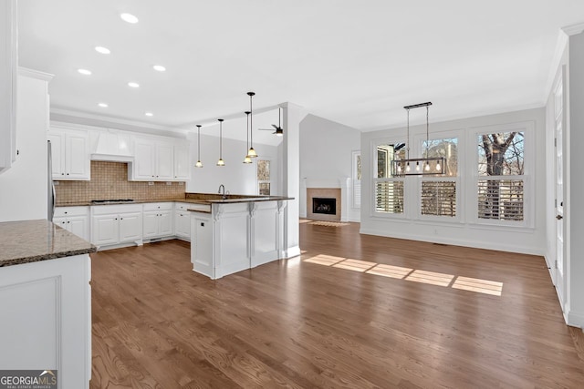 kitchen with backsplash, open floor plan, a peninsula, stainless steel gas stovetop, and a fireplace