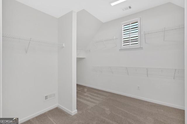 spacious closet with lofted ceiling, carpet, and visible vents