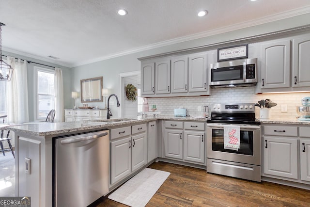 kitchen featuring ornamental molding, dark wood finished floors, appliances with stainless steel finishes, a peninsula, and decorative backsplash