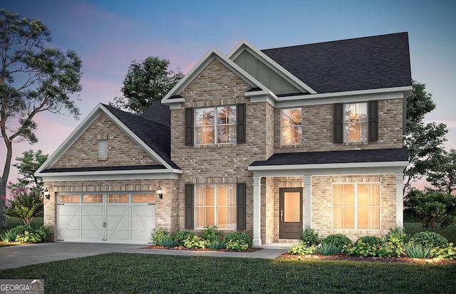 craftsman-style house with brick siding, board and batten siding, concrete driveway, roof with shingles, and a garage