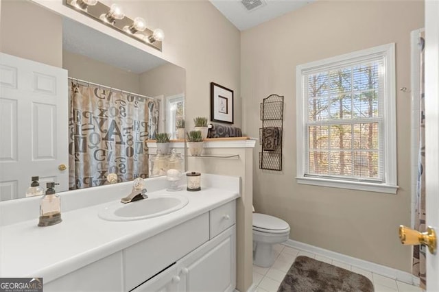 full bath with tile patterned floors, visible vents, toilet, baseboards, and vanity