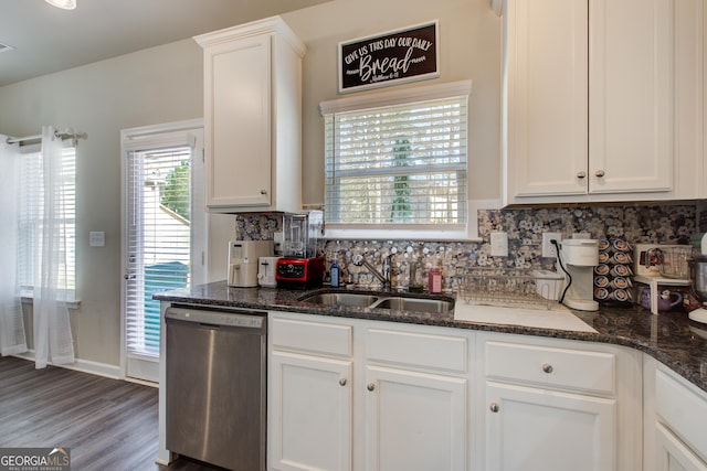 516 Grand Magnolia St, Jackson, GA 30233 - kitchen with dishwasher, a sink, backsplash, white cabinets, and dark stone counters