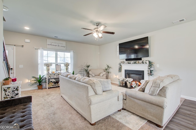 516 Grand Magnolia St, Jackson, GA 30233 - living area with a fireplace with flush hearth, baseboards, ceiling fan, and recessed lighting