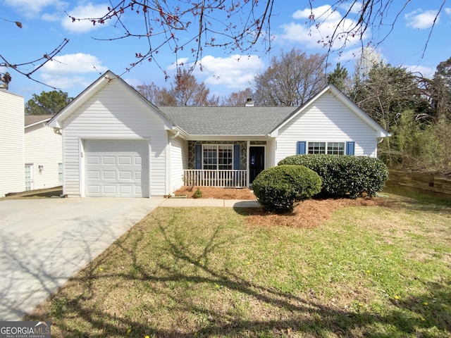 ranch-style home featuring driveway, a porch, a front yard, an attached garage, and a chimney