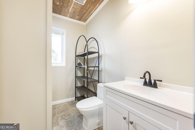 half bath with vanity, visible vents, ornamental molding, wood ceiling, and toilet