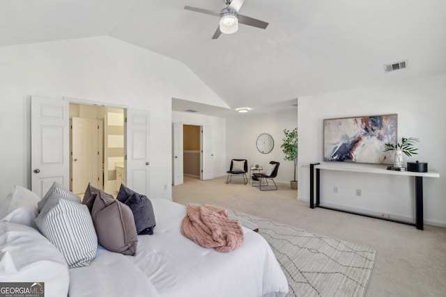 bedroom with visible vents, carpet flooring, a ceiling fan, and vaulted ceiling