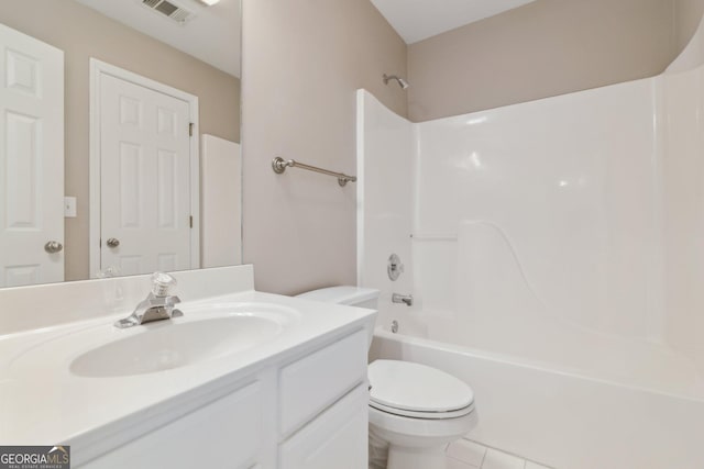 full bath with tile patterned floors, visible vents, toilet, shower / bath combination, and vanity