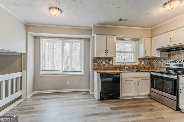 kitchen with light wood finished floors, electric range, a sink, black dishwasher, and under cabinet range hood