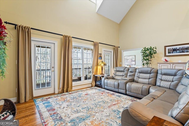 living area with baseboards, high vaulted ceiling, and wood finished floors