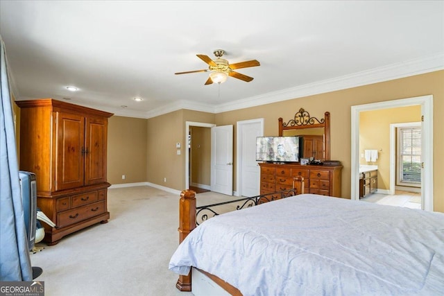 bedroom featuring light colored carpet, ceiling fan, baseboards, and ornamental molding