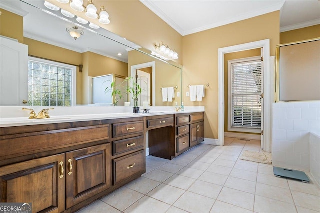 full bathroom with a sink, crown molding, tile patterned flooring, double vanity, and baseboards