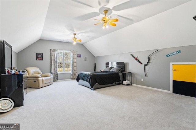 carpeted bedroom featuring baseboards, a ceiling fan, and lofted ceiling