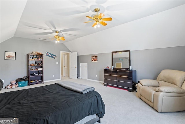 bedroom with baseboards, carpet, a ceiling fan, and vaulted ceiling