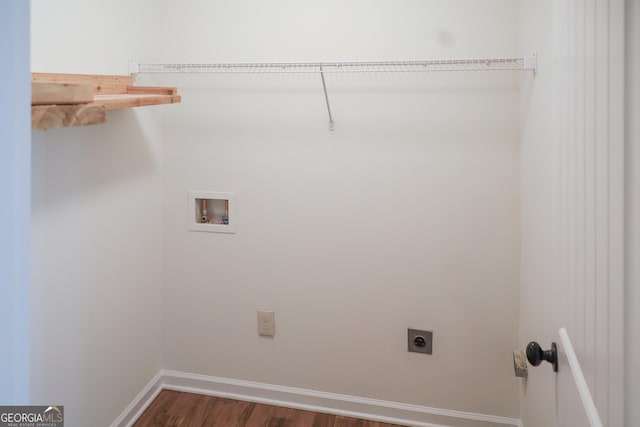 clothes washing area with wood finished floors, baseboards, hookup for an electric dryer, hookup for a washing machine, and laundry area